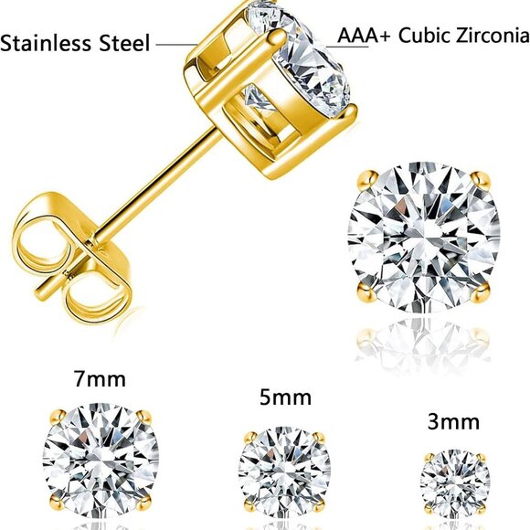Titanium Stud Earrings Set Hypoallergenic Cubic Zirconia Round Surgical Stainles - Picture 4 of 8